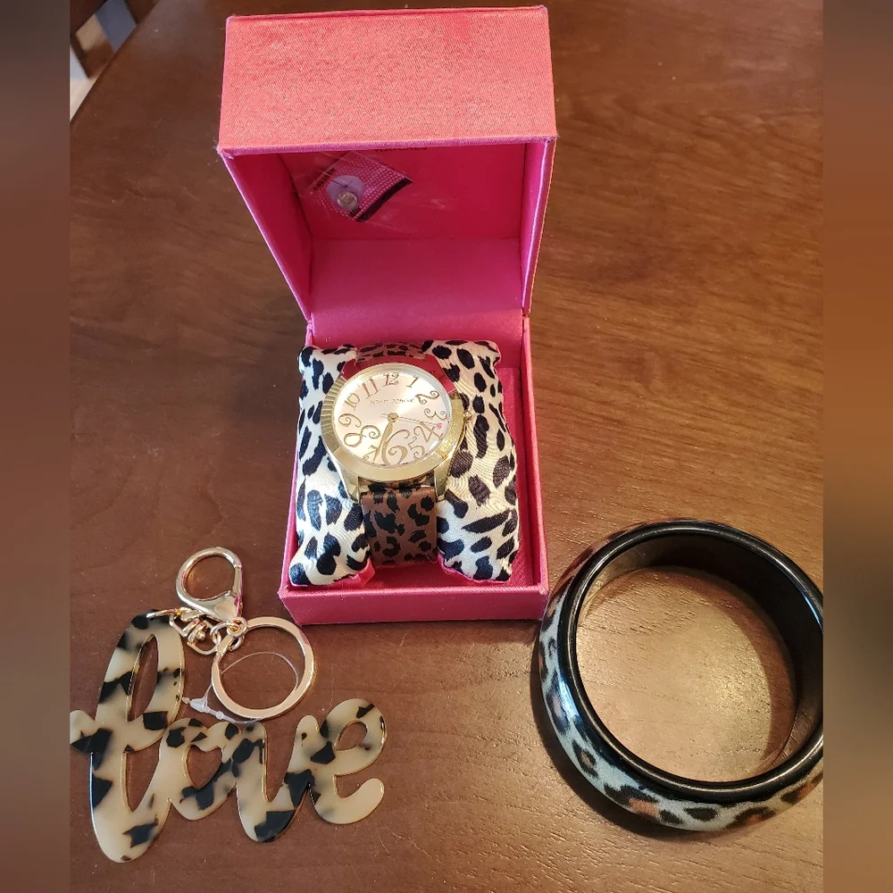 Betsey Johnson Gold Tone & Leopard Band Watch